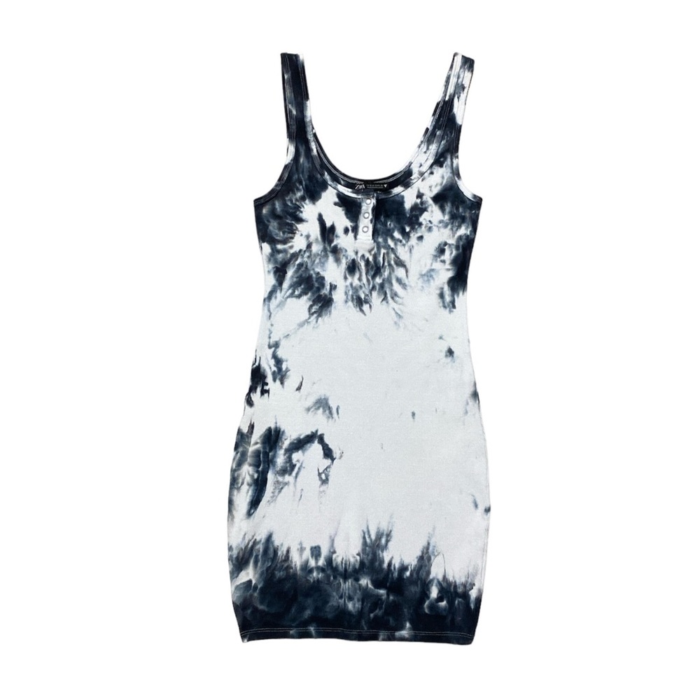 Zara Tank Top Dress Womens S Navy White Tie Dye Ribbed Casual Sleeveless Bodycon